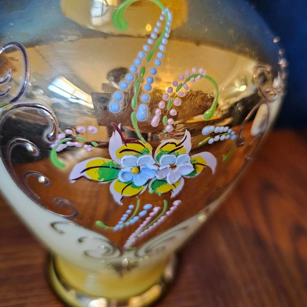 Vintage Bohemian Art Glass Mirror Gold Hand-Painted Raised Enamel Mid Century
